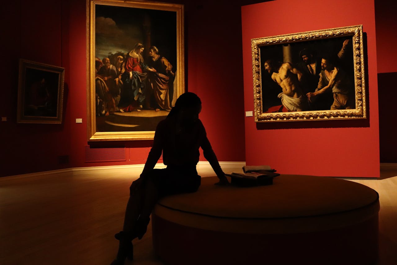 expertise-01 Silhouetted visitor in an art gallery with dramatic lighting on classic paintings.